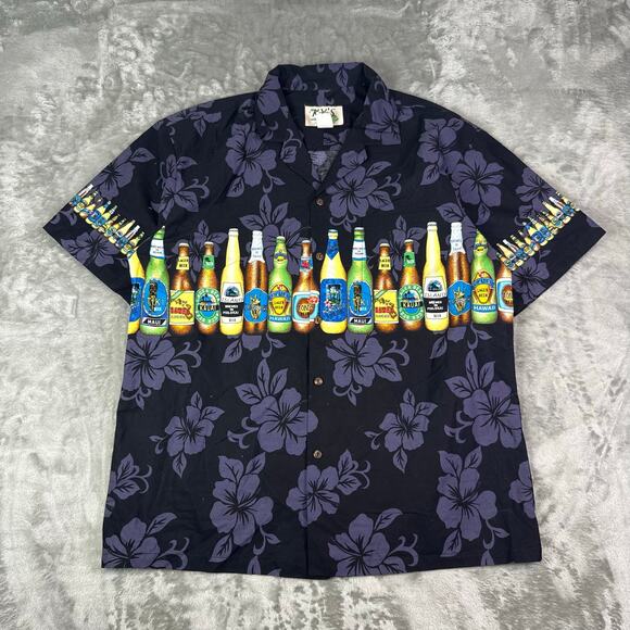 KY’s Hawaiian BEER Shirt Mens Sz L Made in Hawaii Bottles Drinking Floral Aloha - Picture 1 of 6